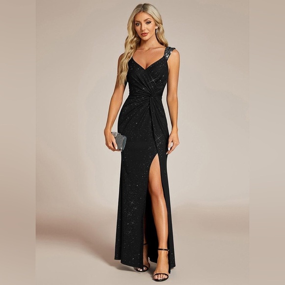 None Dresses & Skirts - 🆕 Glitter V-Neck High Slit Sequin Shoulder Strap Evening Dress
